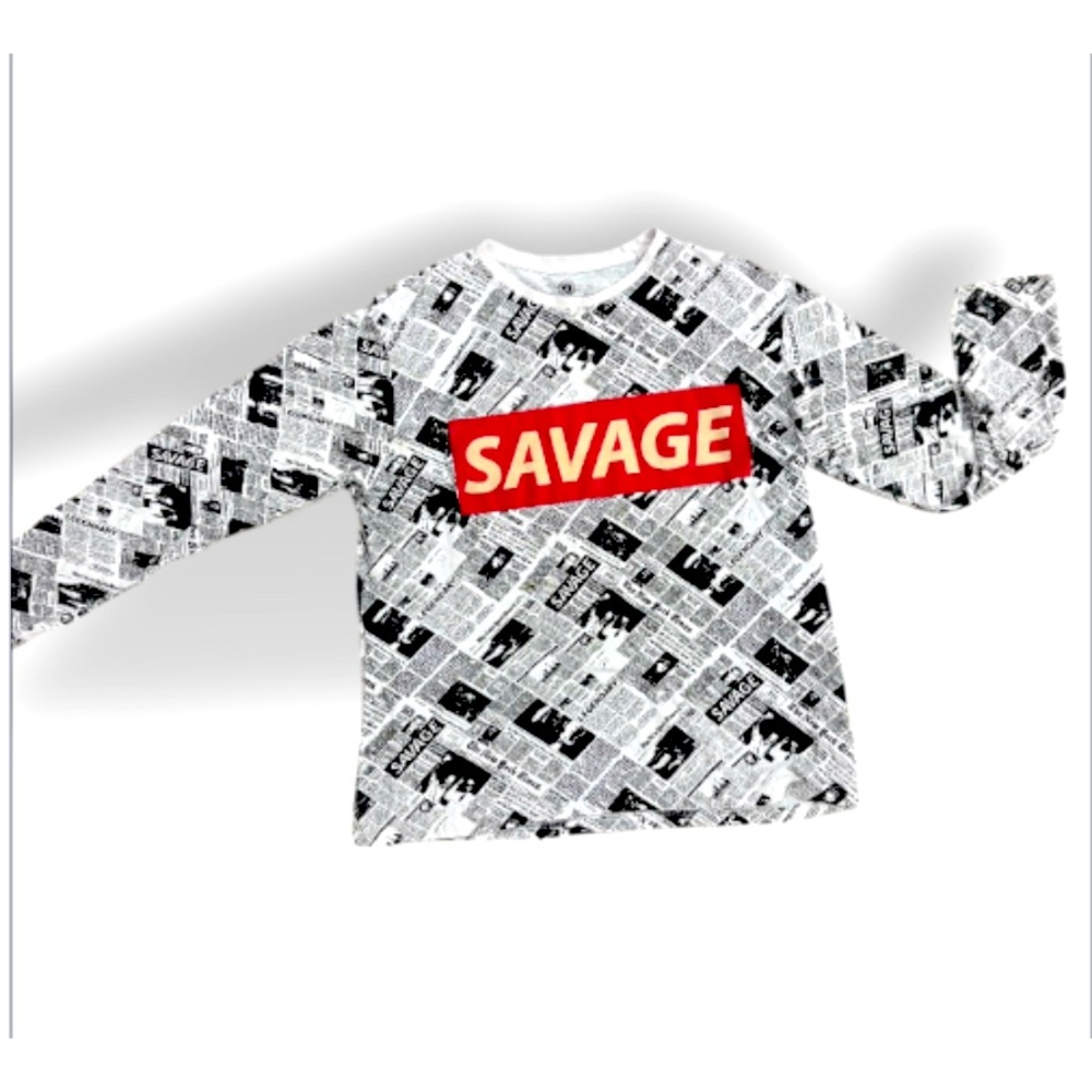 Salvage Men's Long Sleeve Newspaper Print Tee - Black and White